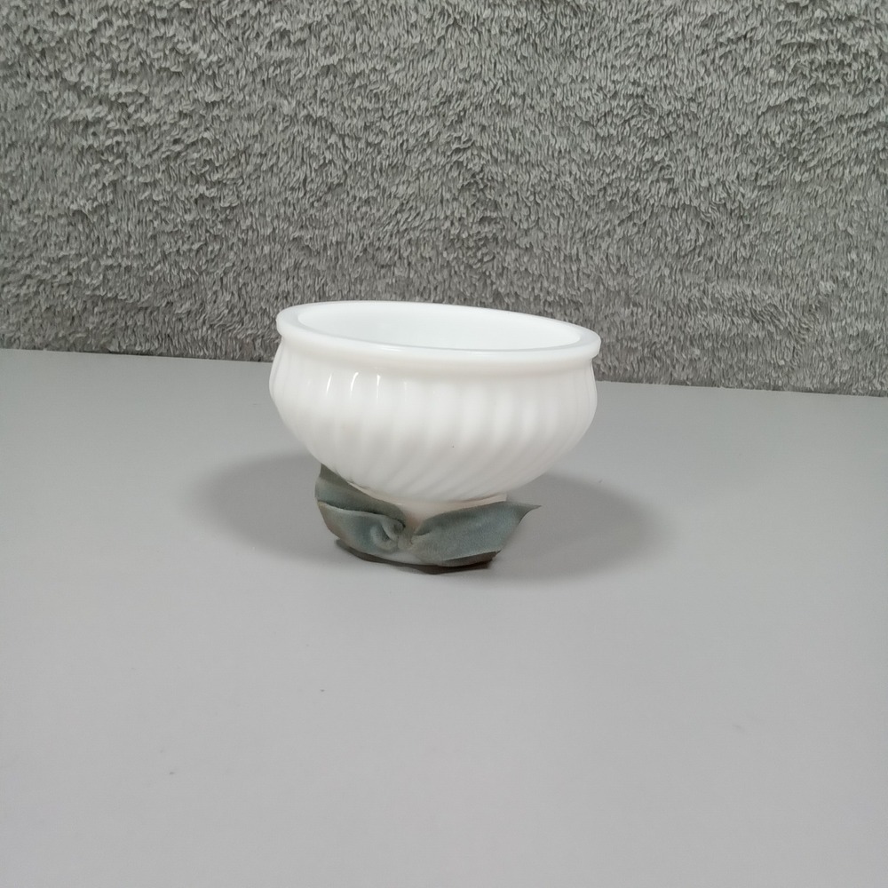 Vintage White Milk Glass Swirl Ribbed Small Bowl with Green Velvet Bow Accent